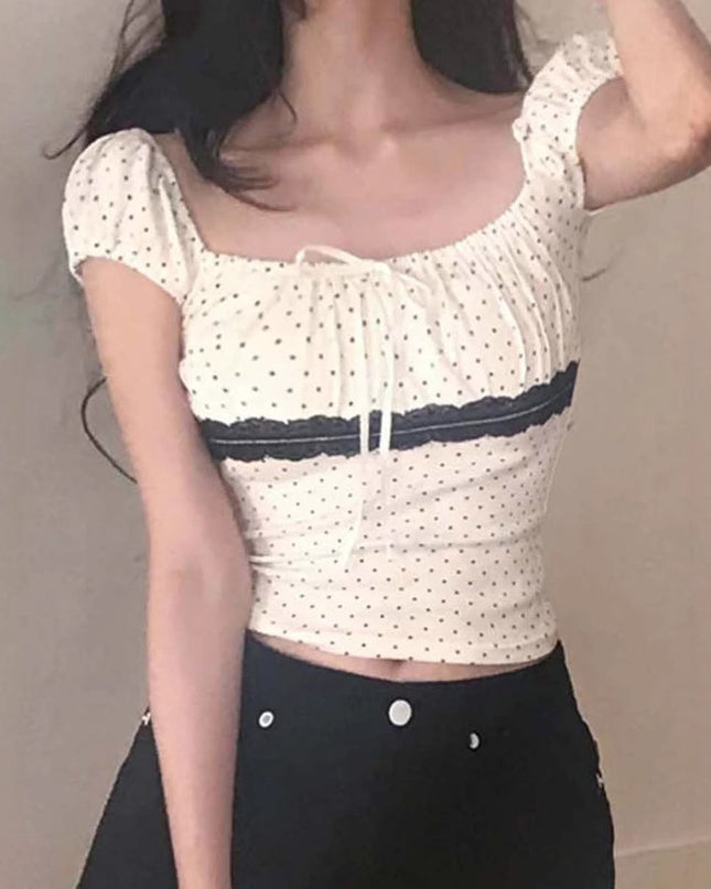 Women's Polka Dot Lace Stitching Tied Square Collar Short Sleeve Top