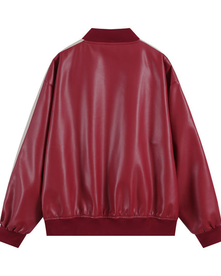 Embroidery Color Stitching Stand-collar PU Leather Coat Men