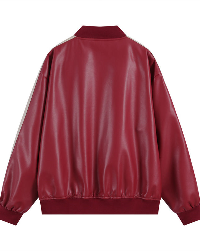 Embroidery Color Stitching Stand-collar PU Leather Coat Men