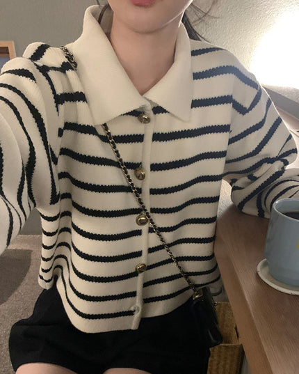 South Korea Chic Winter Retro Anti-aging Lapel Contrast Color Striped Jacquard Metal Button Long Sleeve Knitted Sweater Coat