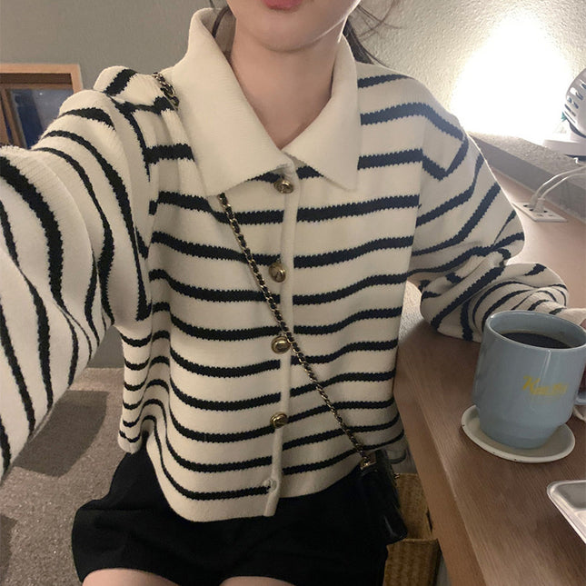 South Korea Chic Winter Retro Anti-aging Lapel Contrast Color Striped Jacquard Metal Button Long Sleeve Knitted Sweater Coat