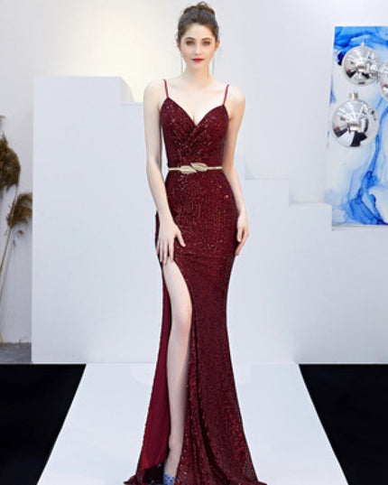 New Banquet Elegant Annual Meeting Long Host Deep V Sexy Fishtail Sequined Dress