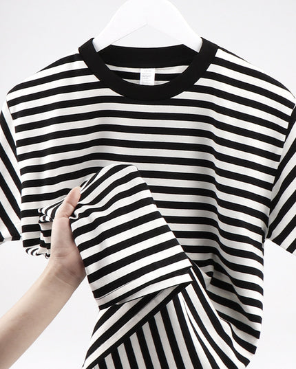 Striped Short Sleeve Simple Men's Versatile T-shirt Loose Top Half Sleeve Slim Striped Navy Skirt
