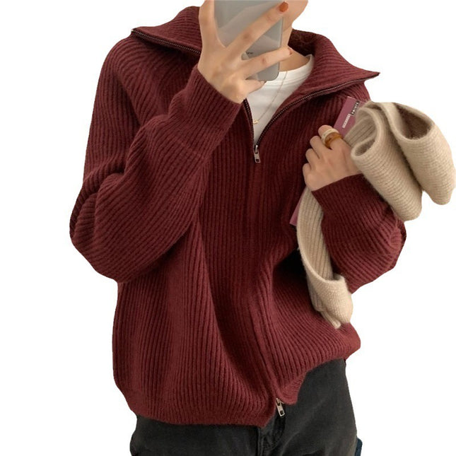Loose Casual Laid-back Style Lapel Sweater Coat