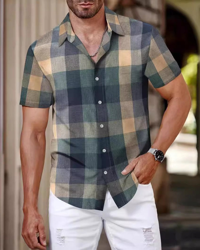 Plaid Shirt Men's Short Sleeve Fashion Korean Style Green
