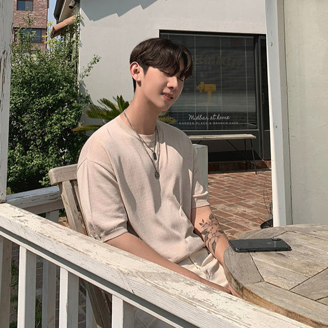 Ice Silk Knitted Short Sleeve T-shirt Men's Korean Style Sweater