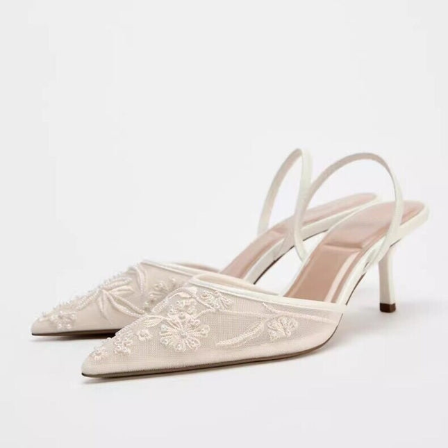 Spring New Product  Women's Rear Strap Embroidered Mesh High Heels