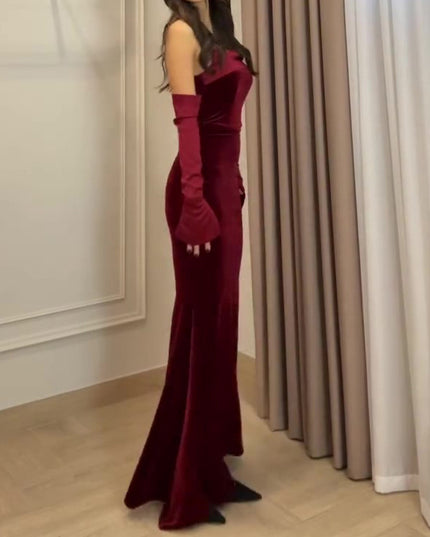 Burgundy Velvet Strapless Maxi Dress