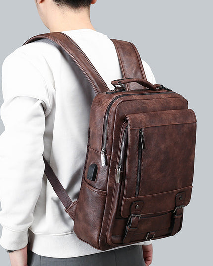 Men's Leather New Large Capacity USB Charging Backpack