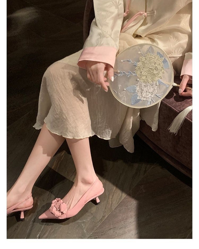 Small Sharp Point Low-cut Hollow Flower High Heels For Women