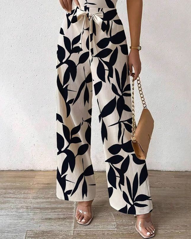 Fashion Floral Print Jumpsuit Elastic Waist Belt Jumpsuit
