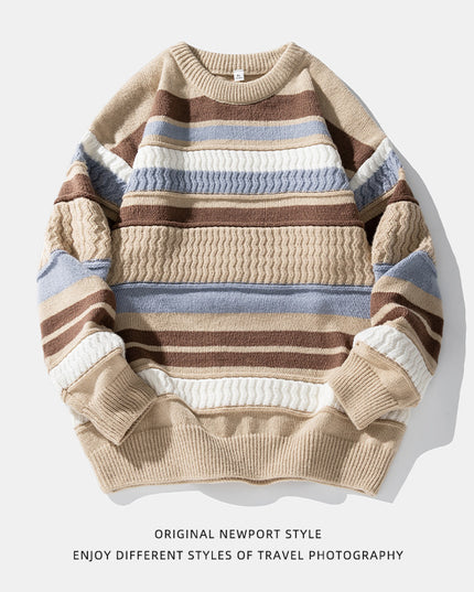 Japanese Round Neck Sweater Men's Striped Color Contrast Patchwork