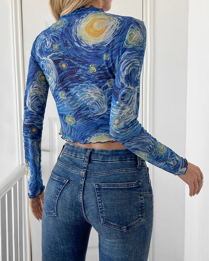 Blue Printed Small Stand Collar Starry Sky Mesh Short T-shirt