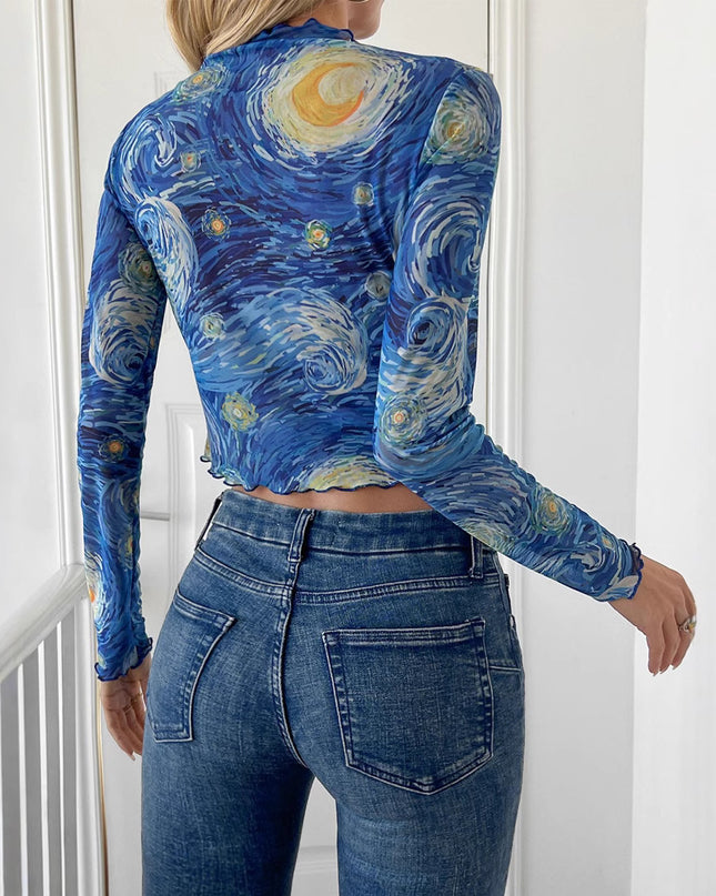 Blue Printed Small Stand Collar Starry Sky Mesh Short T-shirt