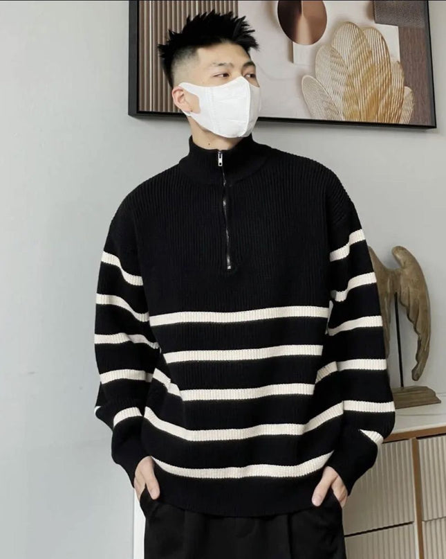 High-grade Horizontal Striped Simple Stand-up Collar Sweater