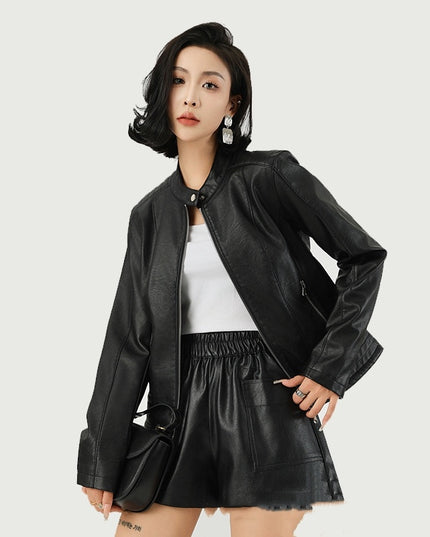 Women's Leather Jacket Locomotive Style Leather Coat Leather Jacket