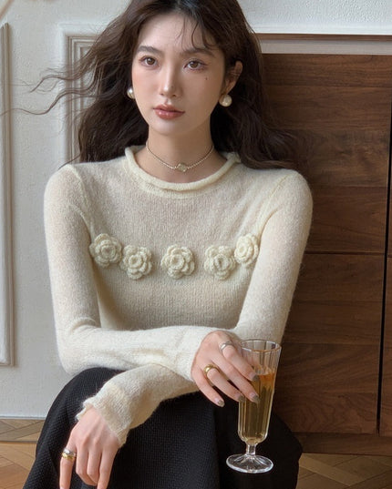 Micro Transparent Flower Sweater New Korean Version Elegant Round Neck Knitted Top
