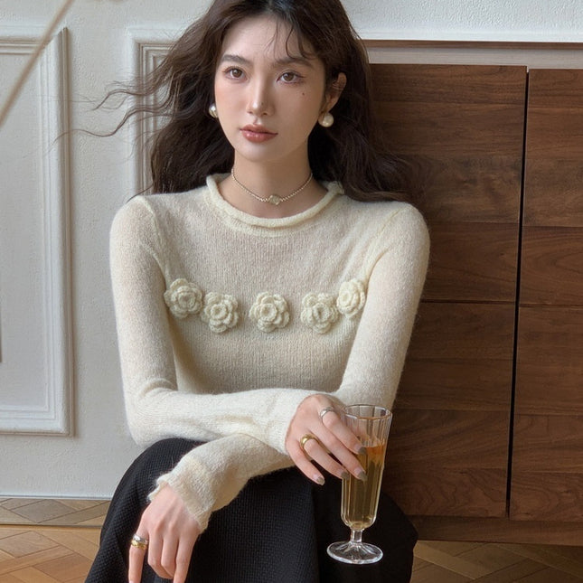 Micro Transparent Flower Sweater New Korean Version Elegant Round Neck Knitted Top