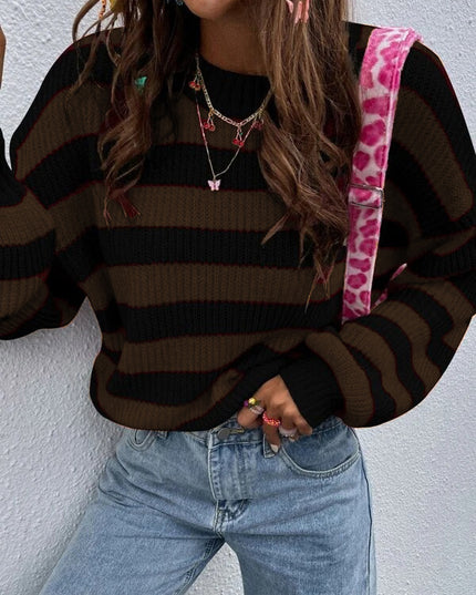 Autumn And Winter New Contrast Color Loose Shoulder Striped Pullover Sweater