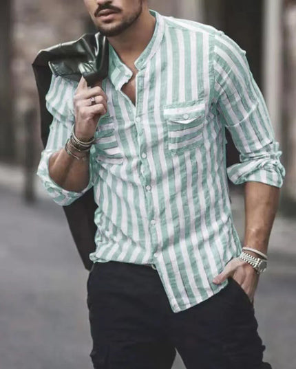Striped Men's Stand Collar Long Sleeve Casual Shirt