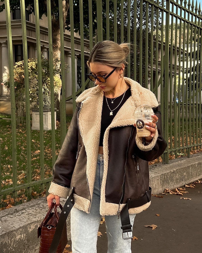 French Fur Integrated Multi-zipper All-matching Long Long Sleeve Jacket