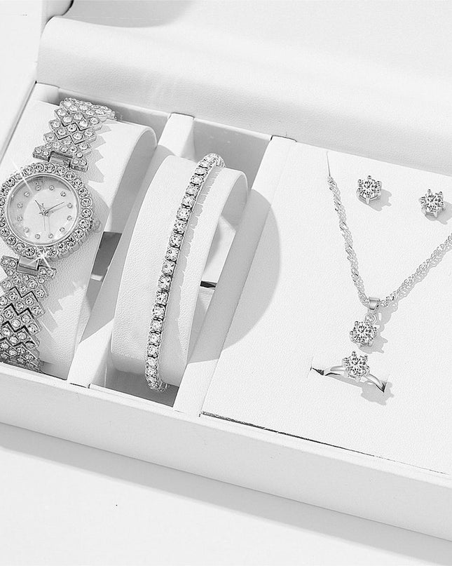 Women's Alloy Quartz Watch Necklace Earrings Bracelet Ring Suit