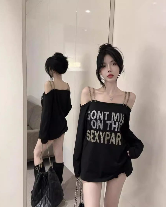 Plus Size Vintage Printed Off-the-shoulder Long Sleeve T-shirt For Women