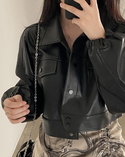 Chic Lapel Double Pocket Leather Top Leather Coat
