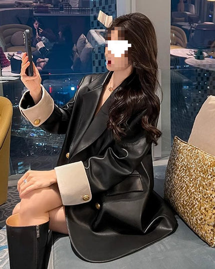 High Sense Black PU Leather Coat Women