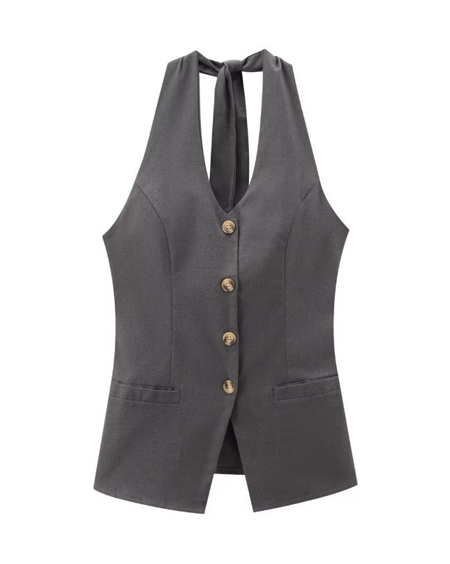 Classic Style Cotton And Linen Halterneck Vest Suit Women's Summer High-grade Trousers