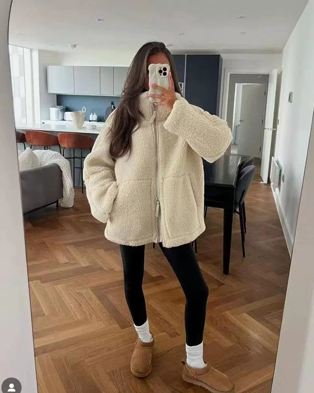 Women's Stand Collar Zipper Idle Style Lamb Wool Casual Cotton-padded Clothes Coat