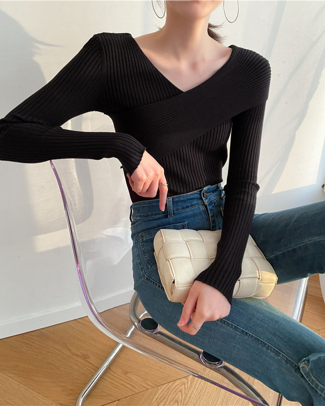 Crossbody Off-the-shoulder V-neck Cross-wire Knitted Sweater