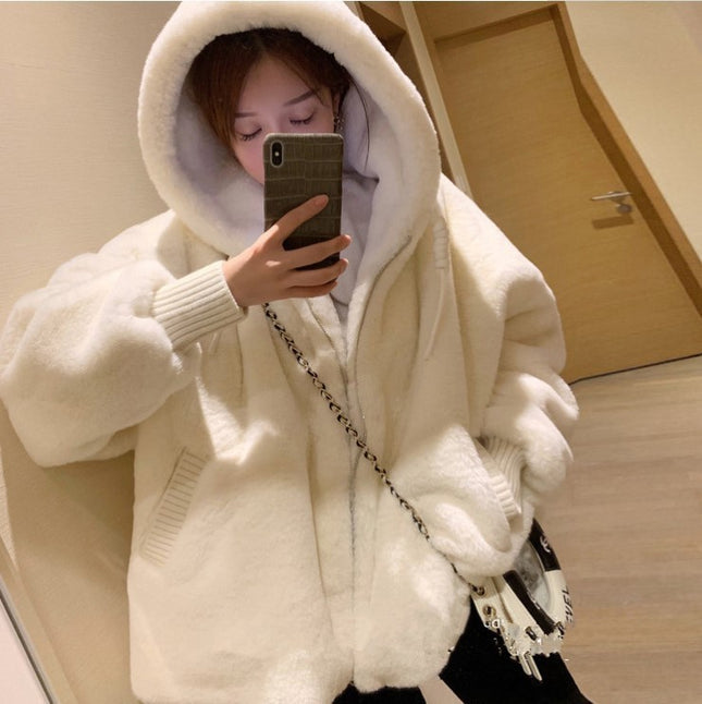 Women's Rex Rabbit Fur Hooded Loose Overcoat Jacket