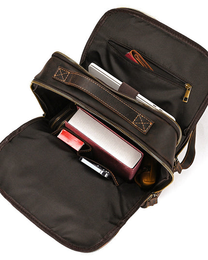Double Zipper Main Bag Genuine Leather Large Capacity Crazy Horse Leather Outdoor Travel Leisure Backpack