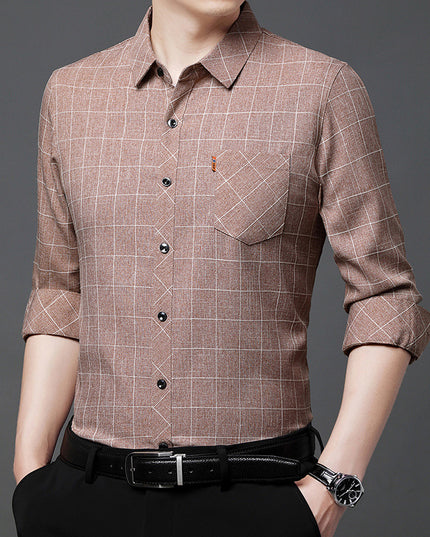 Linen-like Plaid Long-sleeved Shirt For Middle-aged Men