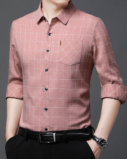 Linen-like Plaid Long-sleeved Shirt For Middle-aged Men