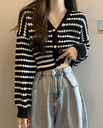 French Style Classic Style Cardigan Knitted Short Striped Sweater