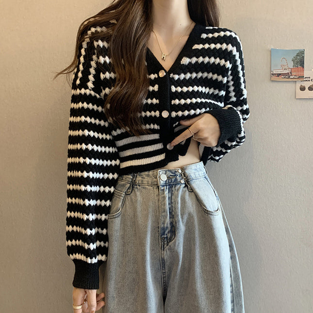 French Style Classic Style Cardigan Knitted Short Striped Sweater