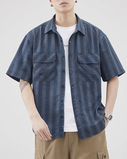 Summer Seersucker Striped Texture Short-sleeved Shirt For Men