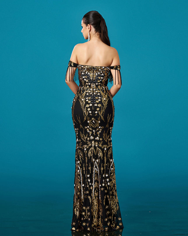 Off-neck Tassel Sequined Fishtail Evening Dress For Banquet