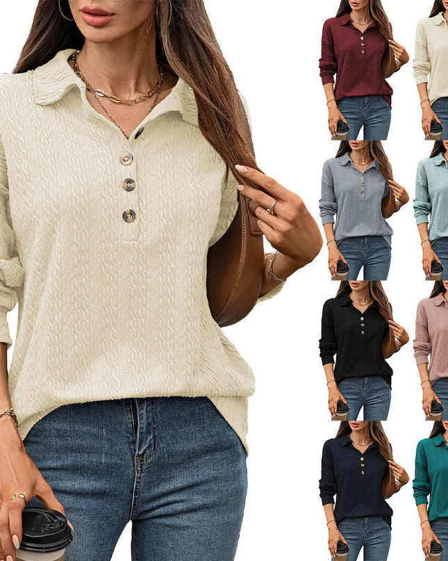 Solid Color Polo Collar Button Loose Long Sleeve Sweatershirt