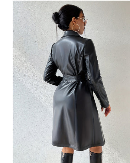 PU Long Sleeve Women's Slim Fit Long Trench Coat