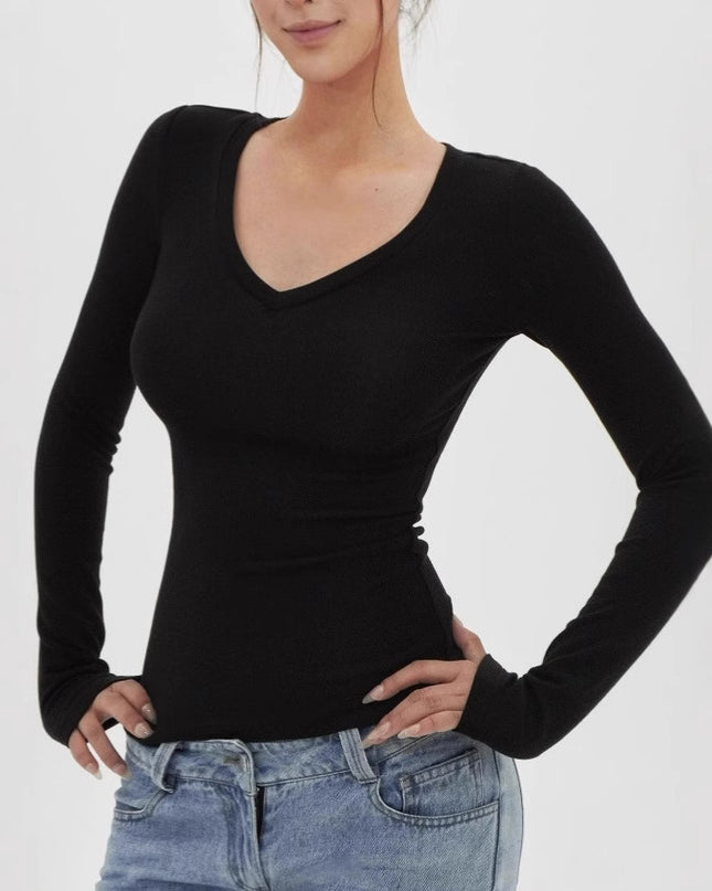 American Hot Girl Delicate V-neck Shoulder Long Sleeve T-shirt