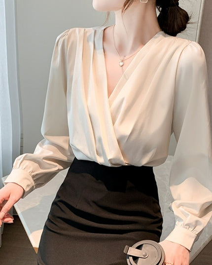 V-neck Satin Long-sleeved Shirt Women's Professional Bottoming Shirt