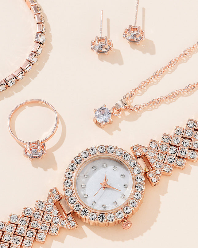Women's Alloy Quartz Watch Necklace Earrings Bracelet Ring Suit