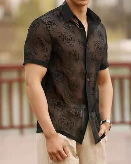 Men's Rose Flower Mesh See-through Button Short Sleeve