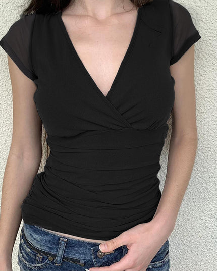 Deep V Design Small Pleated Pure Color Mesh Stitching Short Sleeve