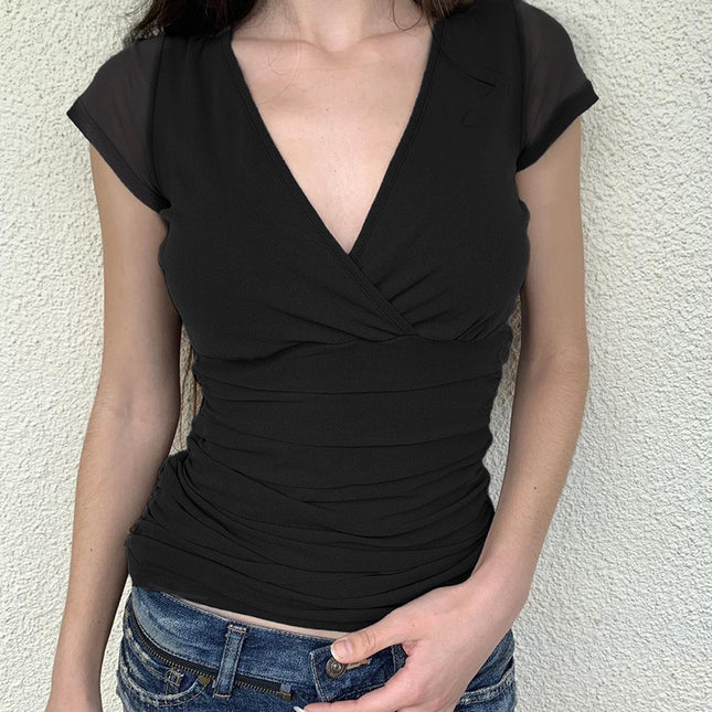 Deep V Design Small Pleated Pure Color Mesh Stitching Short Sleeve