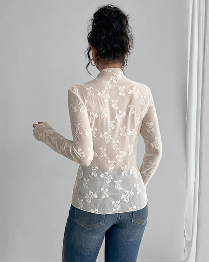 Butterfly Jacquard Mesh Slim Fit Stand-up Collar Long-sleeved