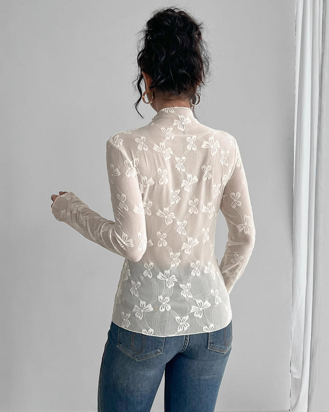Butterfly Jacquard Mesh Slim Fit Stand-up Collar Long-sleeved